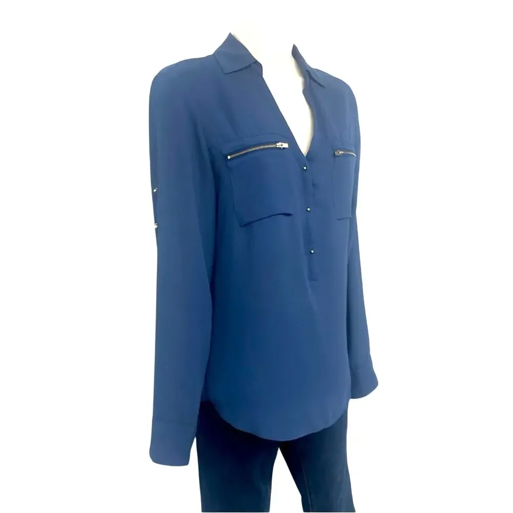 Express Blue Two Front Zip Pockets V Neck Breezy Popover Blouse Roll Tab Sleeve